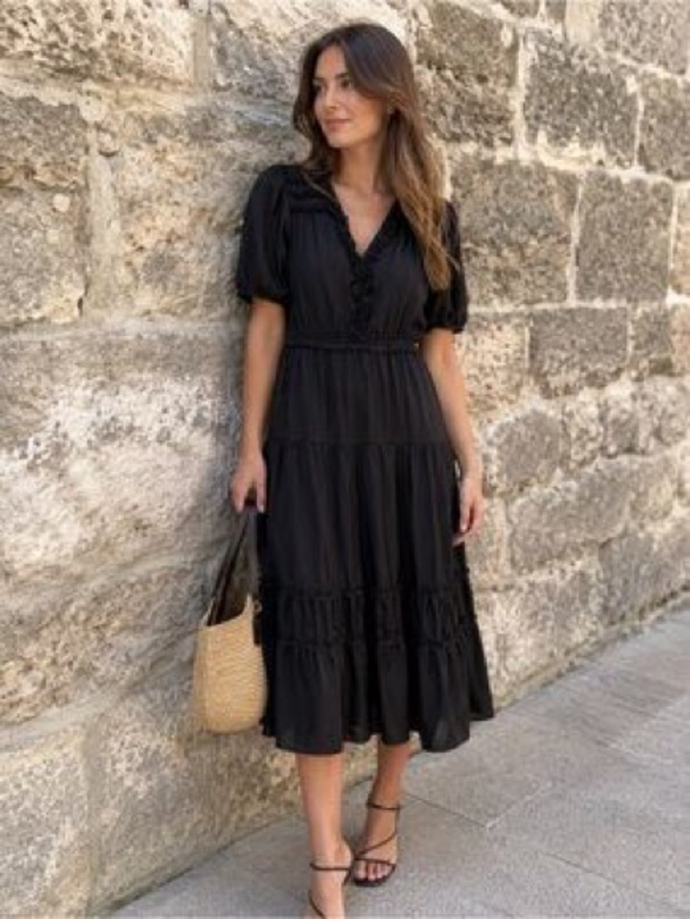 NWT Bohme Black Ruffled V-Neck Puff Sleeve Midi Dress *flawed